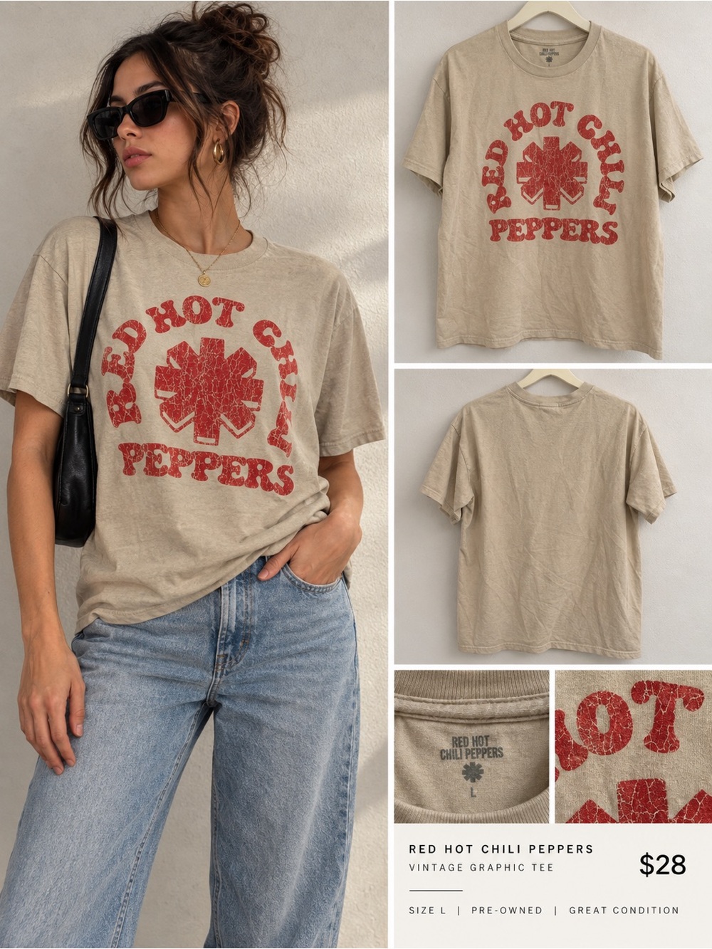 Red Hot Chili Peppers Vintage Graphic Tee - Beige with Red Print